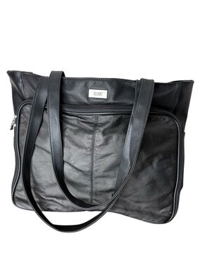 BILL BLASS Black Leather Tote Laptop Computer Travel Bag Zipper Shoulder Bag